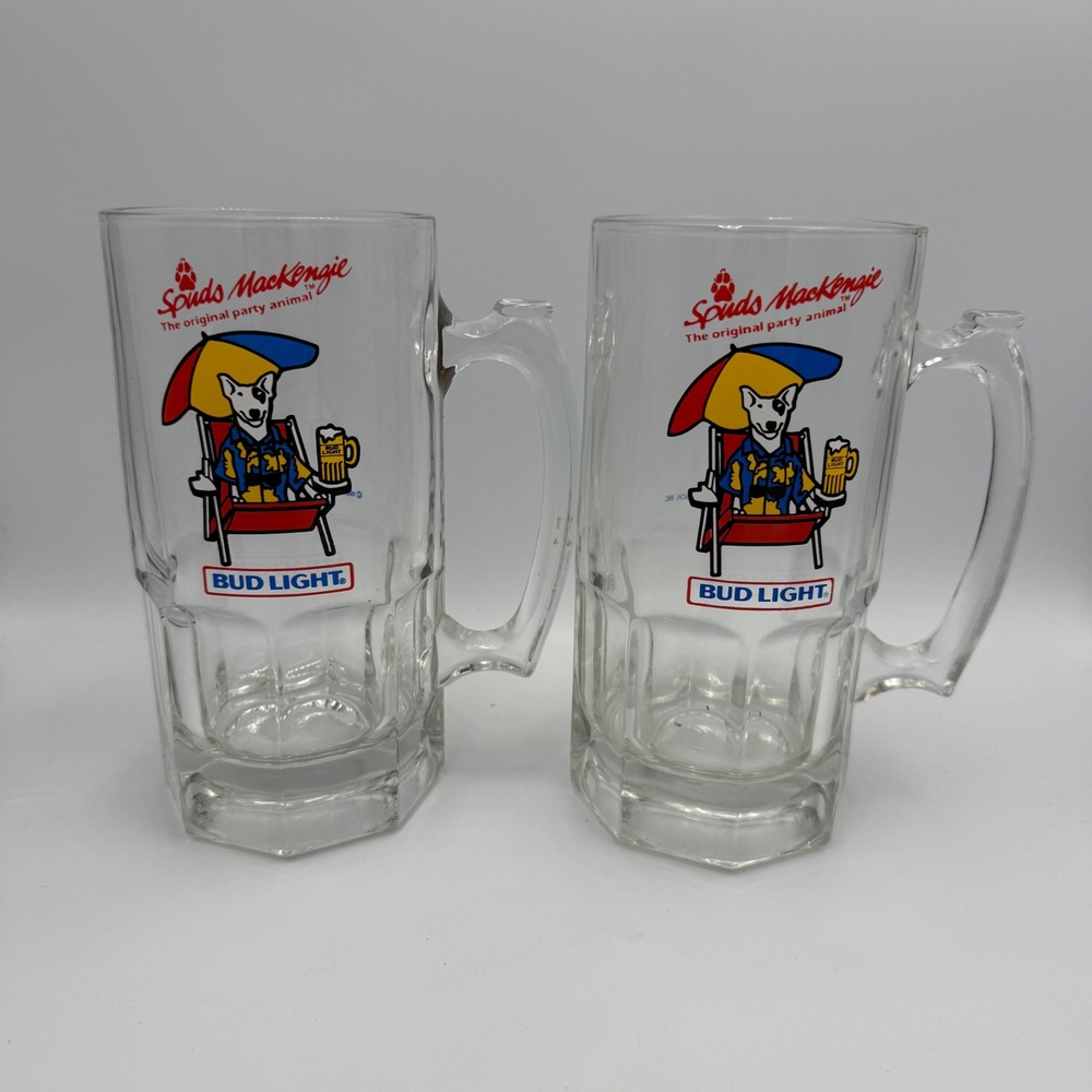 Vintage 1987 Spuds MacKenzie Bud Light Beer Mugs Set of 2 Anheuser Busch Glass